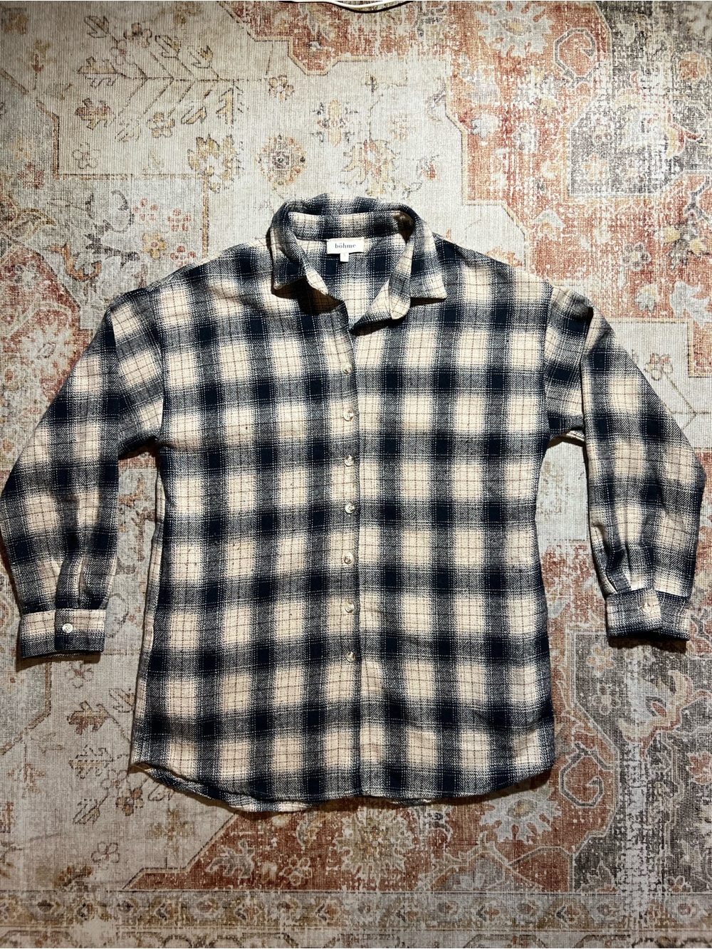 Böhme Tan + Navy Plaid Women’s Button-up Shacket with Pockets.